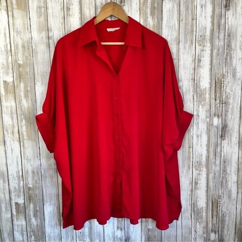 Entro Red Oversized Button Down Satin Blouse - Picture 1 of 5